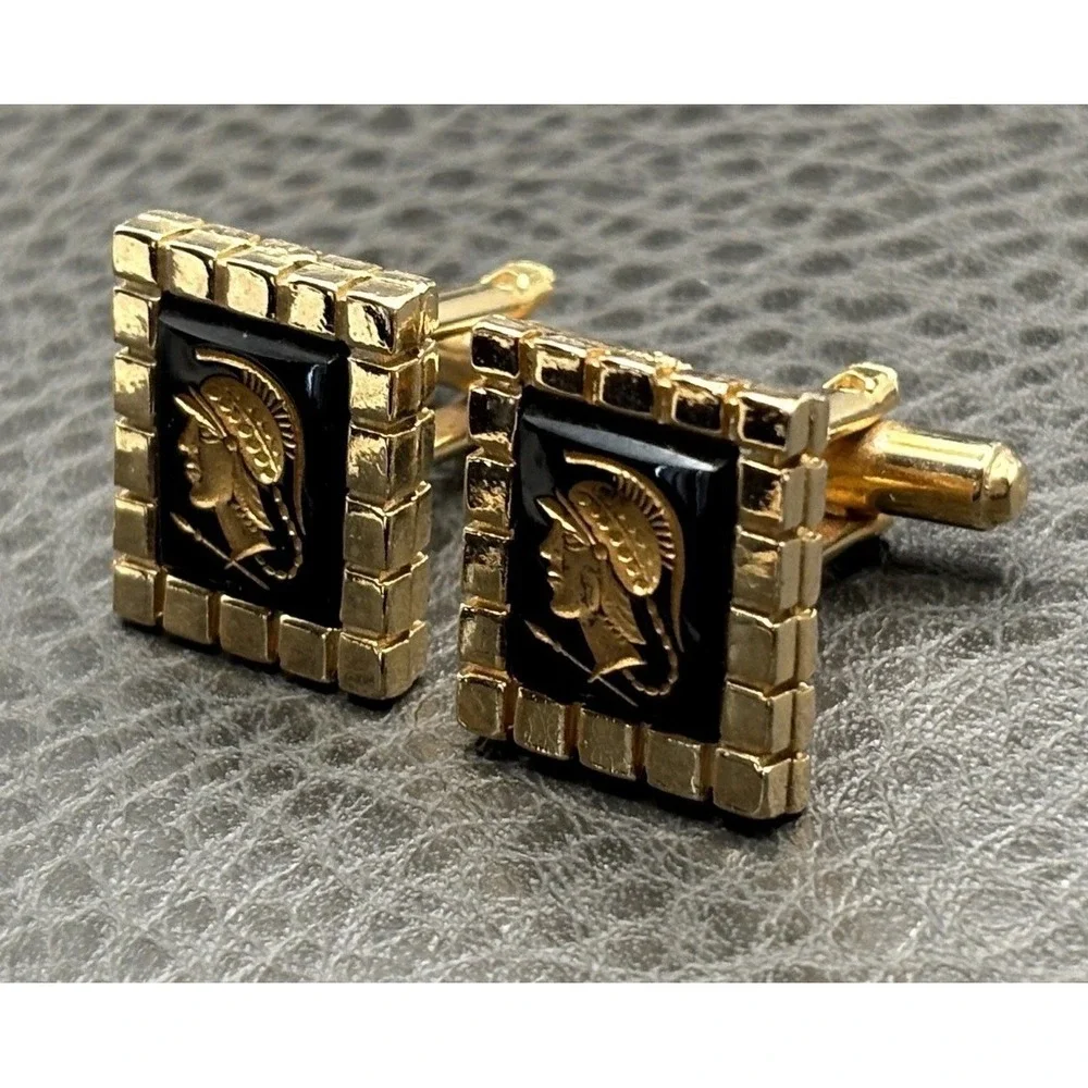 Vintage Roman Soldier Intaglio Style Gold Tone Cufflinks